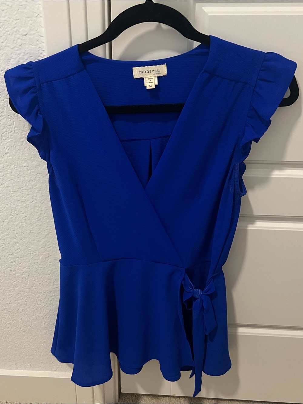 Monteau Cobalt Blue Ruffle Sleeve Peplum Top
